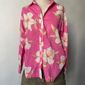 Ralph Lauren pink hibiscus floral button up blouse